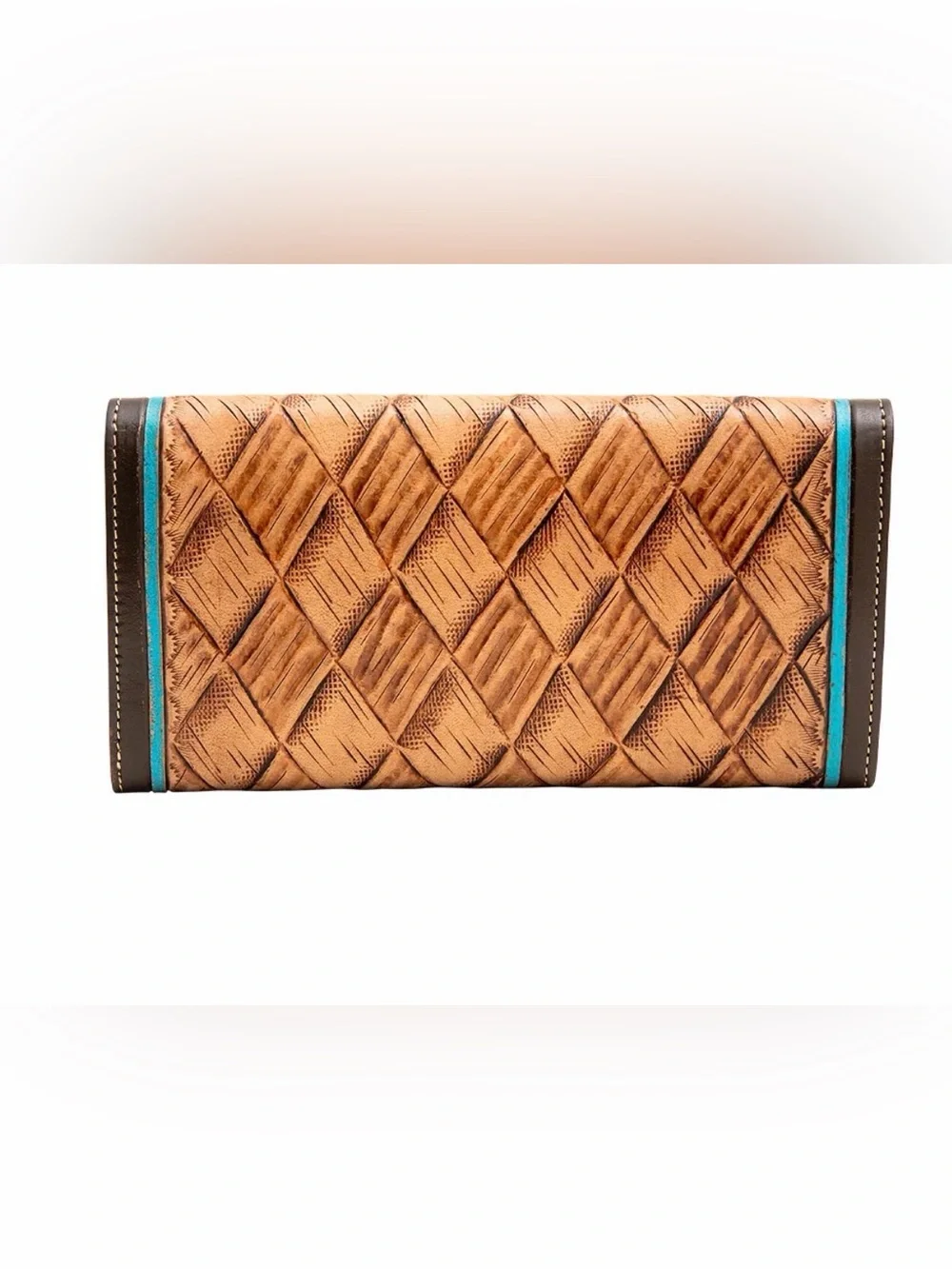 Western Wallet Woven Leather Envelope Style in Tan with Turquoise Trim
